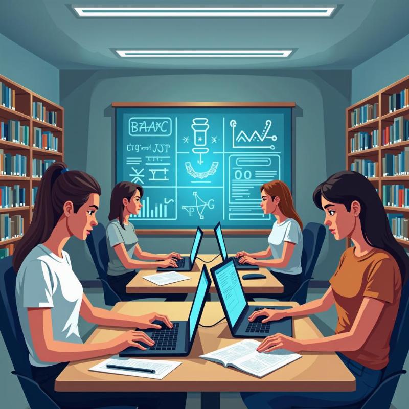 Hình ảnh mô tả sinh viên đang học các môn cơ bản ngành công nghệ thông tin như toán, lập trình, logic trên máy tính